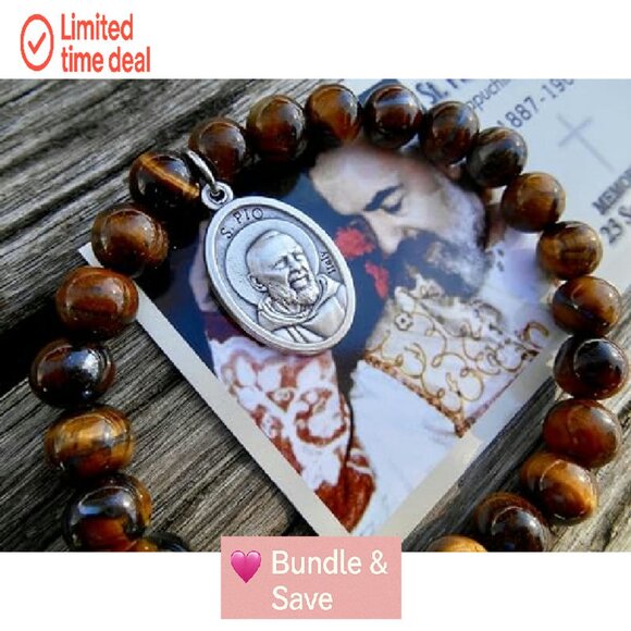 Stretch Tiger Eye Saint Pio Healing Bracelet Size Medium 7 Inch - Picture 8 of 8